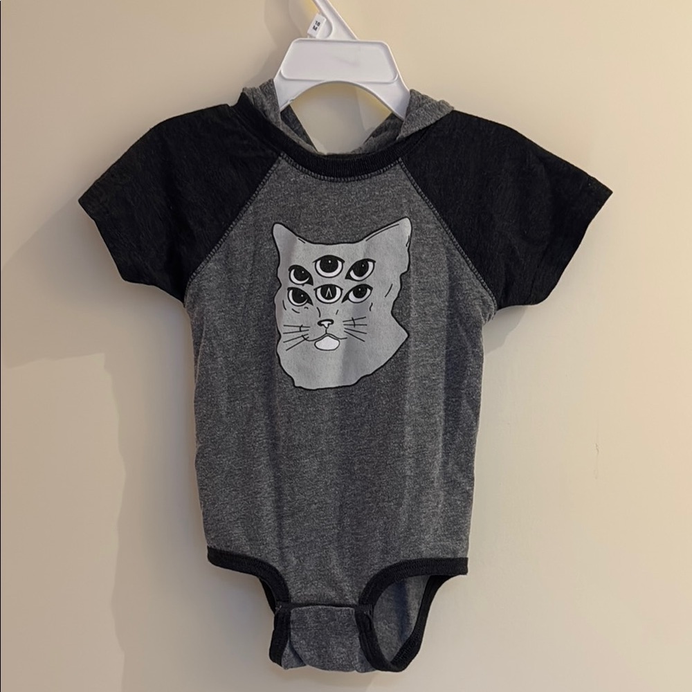 Area 15- Gray and Black Cat Graphic Bodysuit with hood/animal ears